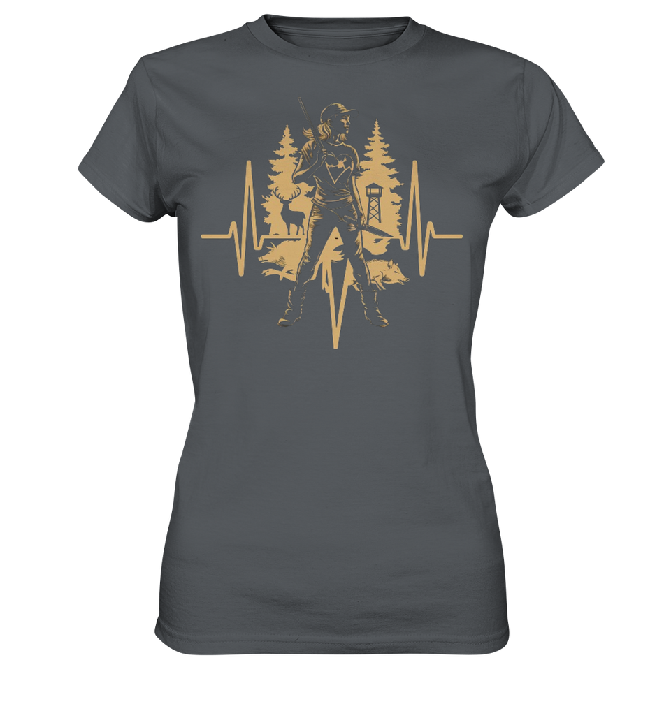 Herzschlag Damen T-Shirt in Anthrazit, Frontansicht mit Jäger-Silhouette und Herzschlag-Motiv