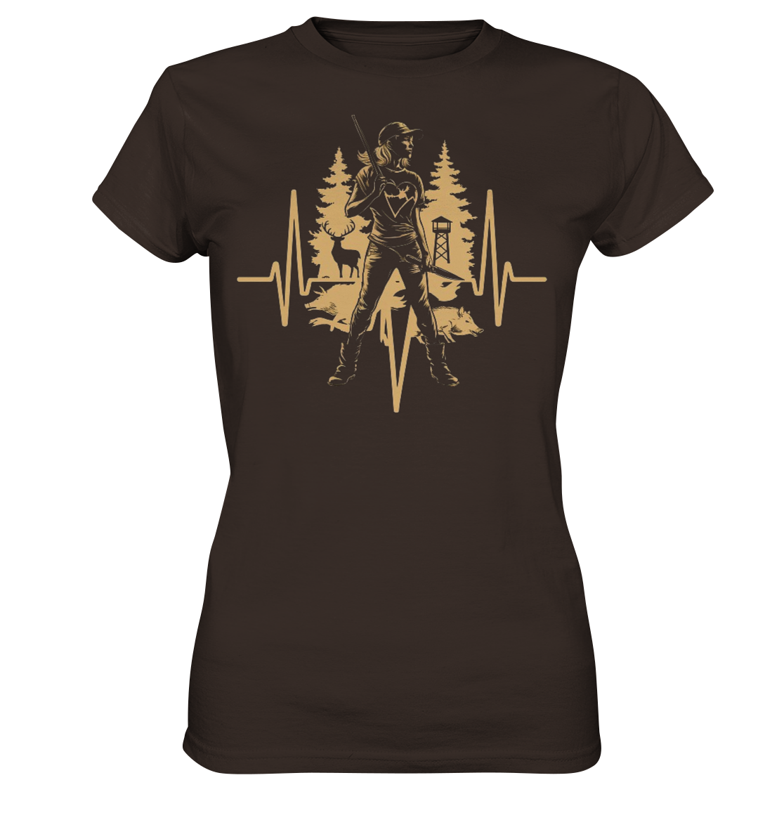 Herzschlag Damen T-Shirt in Dunkelbraun, Frontdruck mit Jäger, Wildschwein und Reh im Herzsymbol