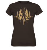 Herzschlag Damen T-Shirt in Dunkelbraun, Frontdruck mit Jäger, Wildschwein und Reh im Herzsymbol
