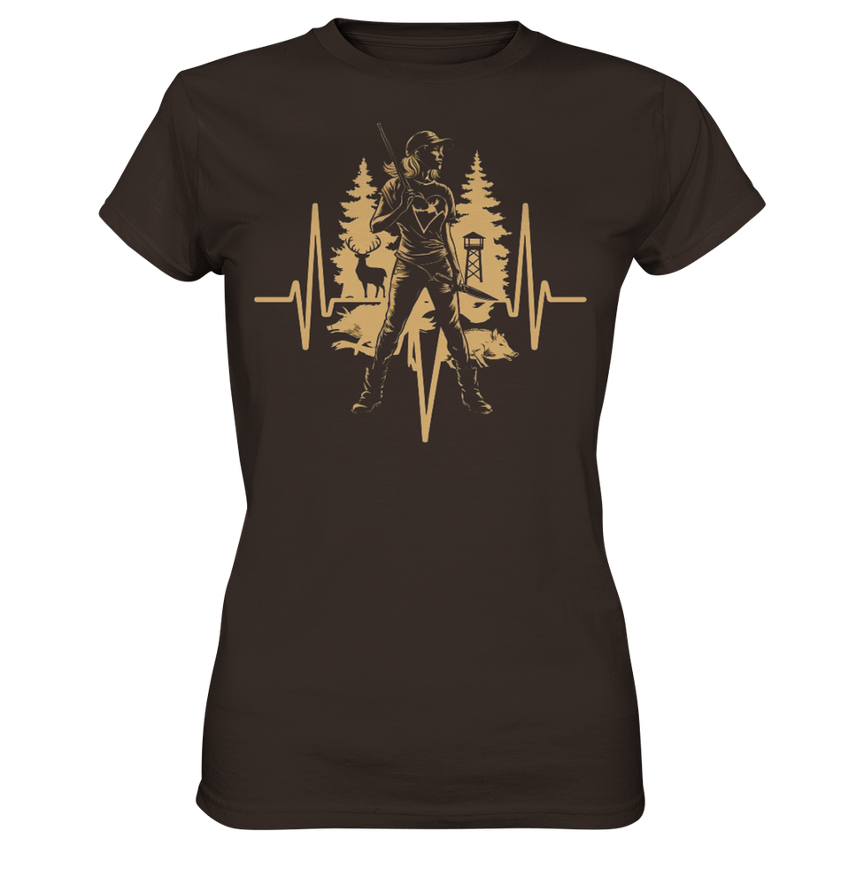 Herzschlag Damen T-Shirt in Dunkelbraun, Frontdruck mit Jäger, Wildschwein und Reh im Herzsymbol