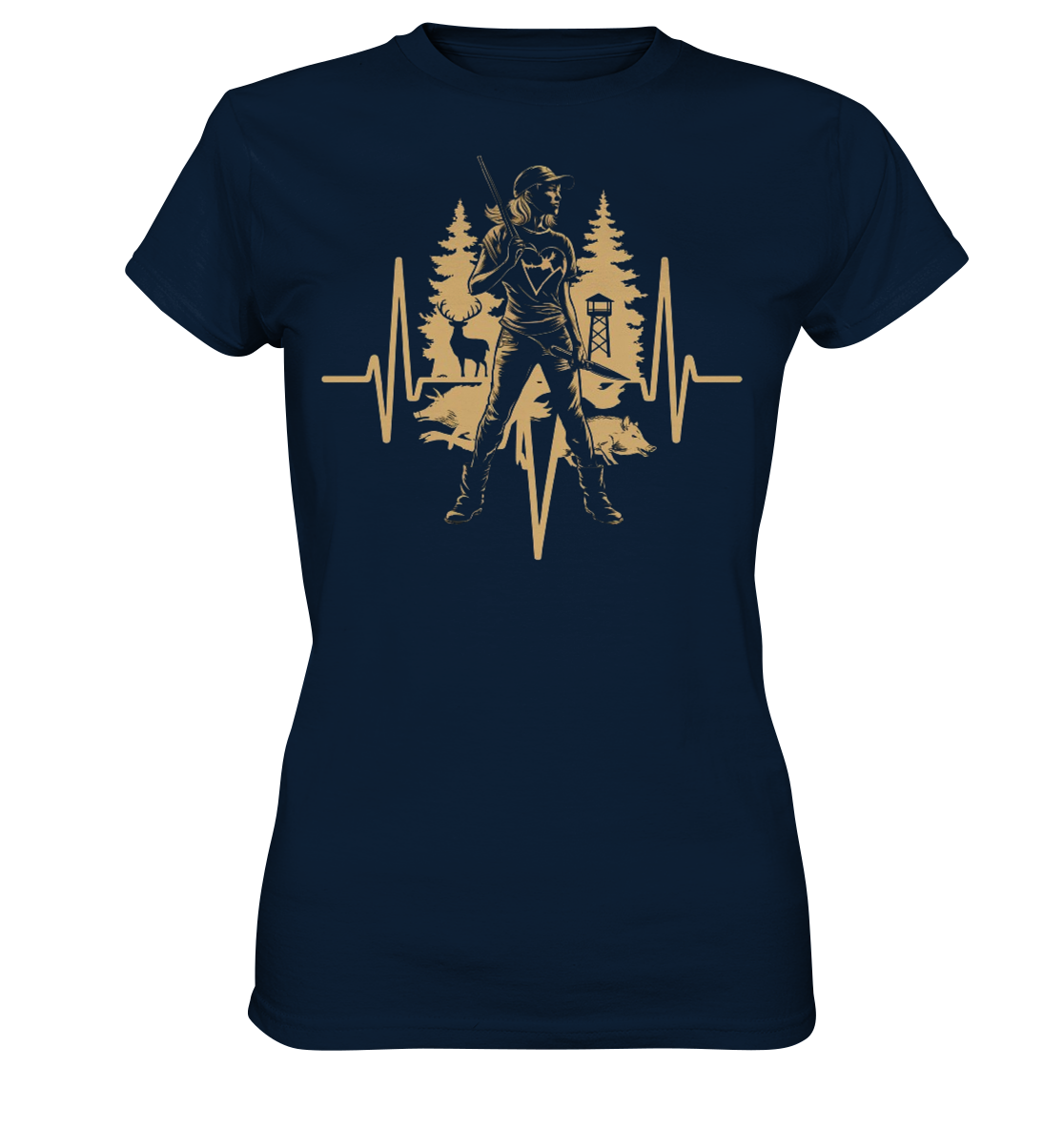 Herzschlag Damen T-Shirt in Navy, Frontansicht mit Nadelbäumen, Hochsitz und Herzschlaglinie