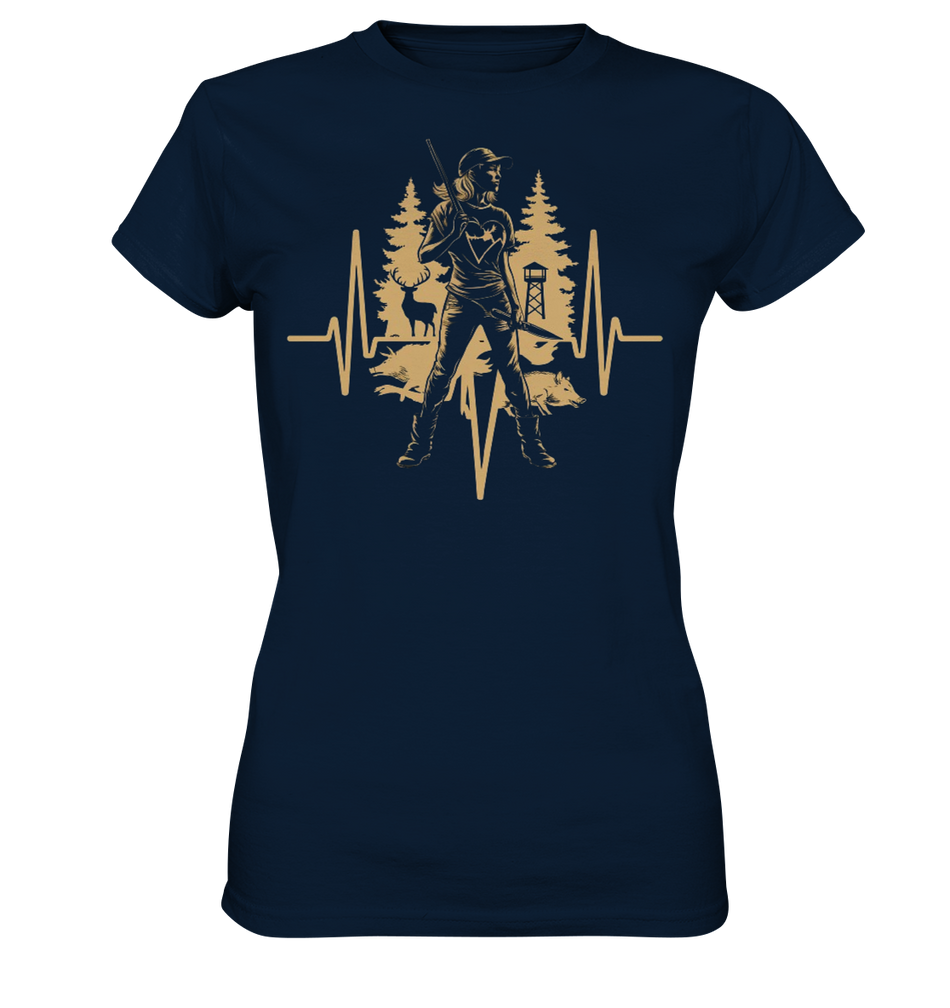 Herzschlag Damen T-Shirt in Navy, Frontansicht mit Nadelbäumen, Hochsitz und Herzschlaglinie