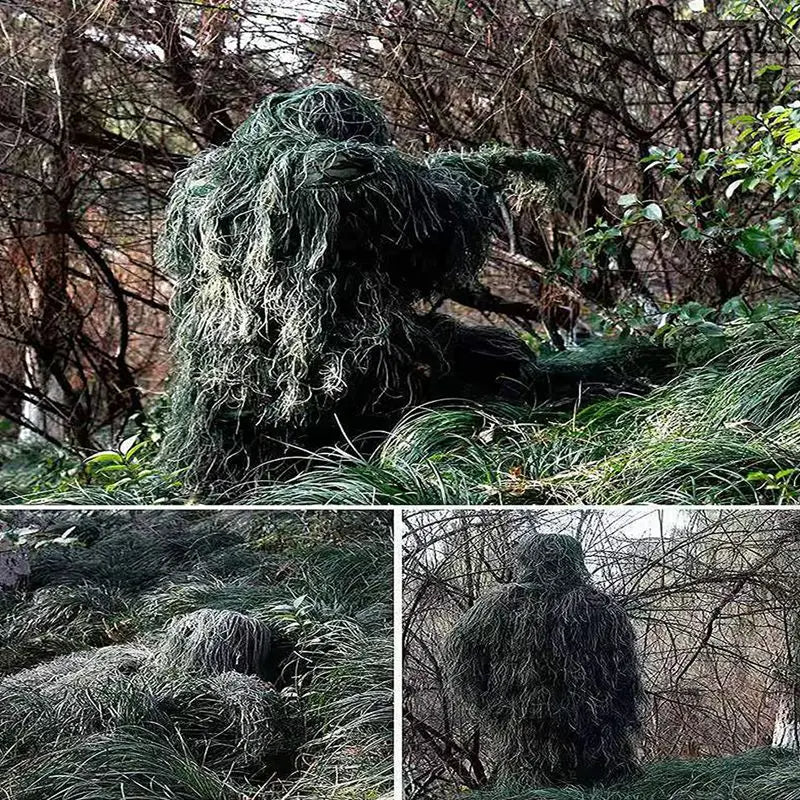 TarnPro Ghillie-Anzug, Jäger kauert getarnt im Gebüsch, Bildcollage aus drei Nahaufnahmen im Gelände