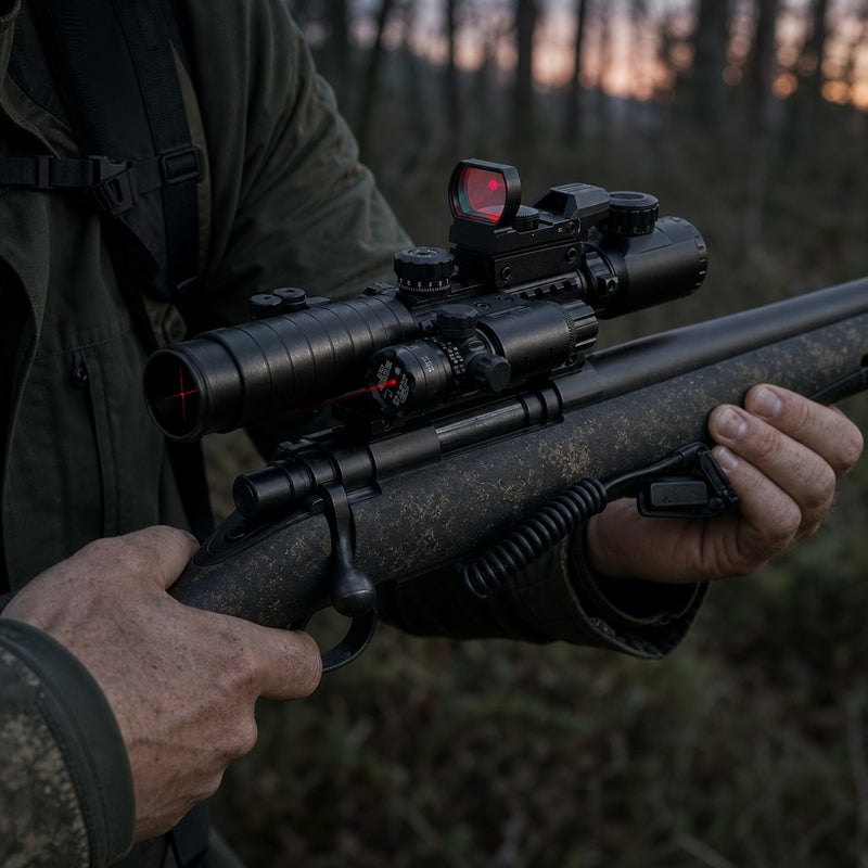 Jäger mit der Dreisicht Zieloptik in der Dämmerung