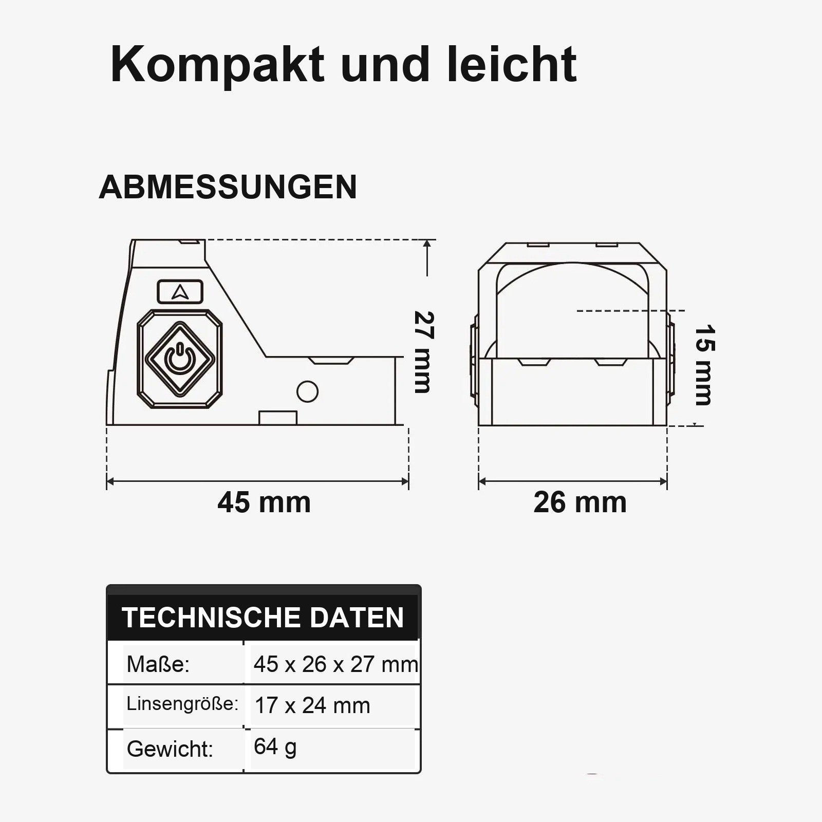 LP-V2:: Kompakt und leicht, Abmessungen des Fixpunkt Rotpunktvisier