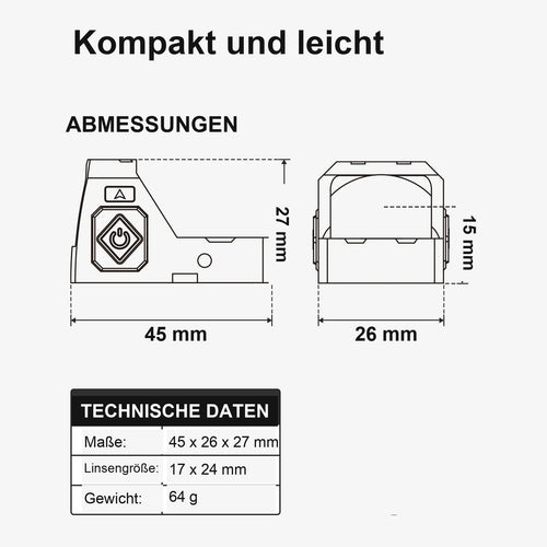 LP-V2:: Kompakt und leicht, Abmessungen des Fixpunkt Rotpunktvisier