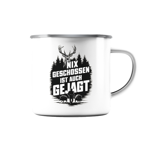 Emaille-Tasse Nix Geschossen, weiss mit Silberrand und Hirschmotiv, Frontansicht auf weissem Hintergrund