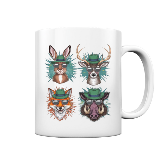 Wilde Jagd-Styles Tasse glossy mit Hase, Reh, Fuchs und Wildschwein in Hut und Sonnenbrille, Frontansicht
