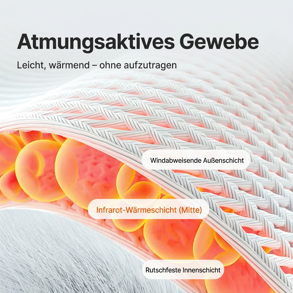 GroundRelief Fußwärmer, Infografik zu atmungsaktivem Gewebe mit Infrarot-Wärmeschicht