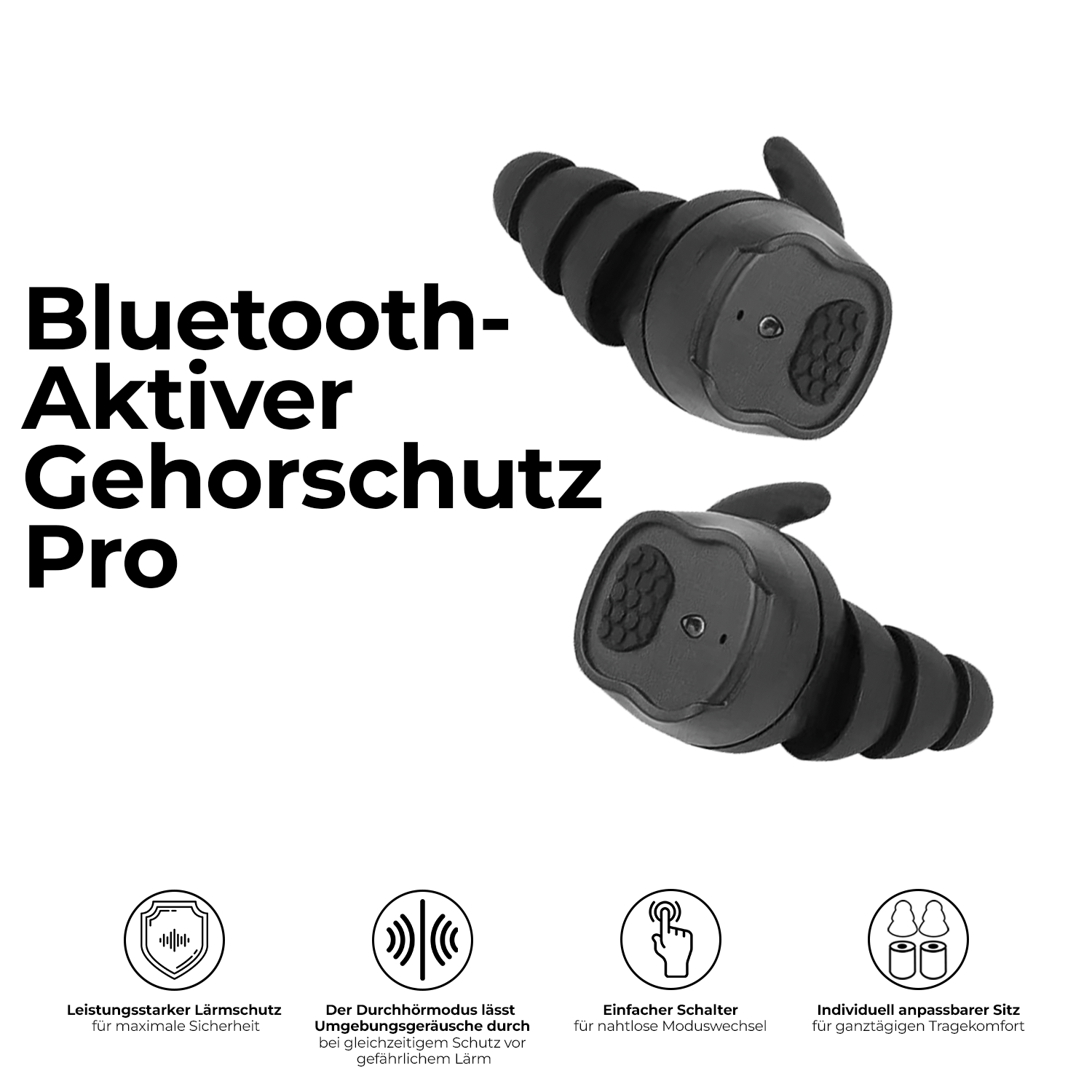 Bluetooth Aktiver Gehoerschutz Pro in Schwarz, zwei Im-Ohr-Kapseln mit Bedienknopf und Feature-Icons
