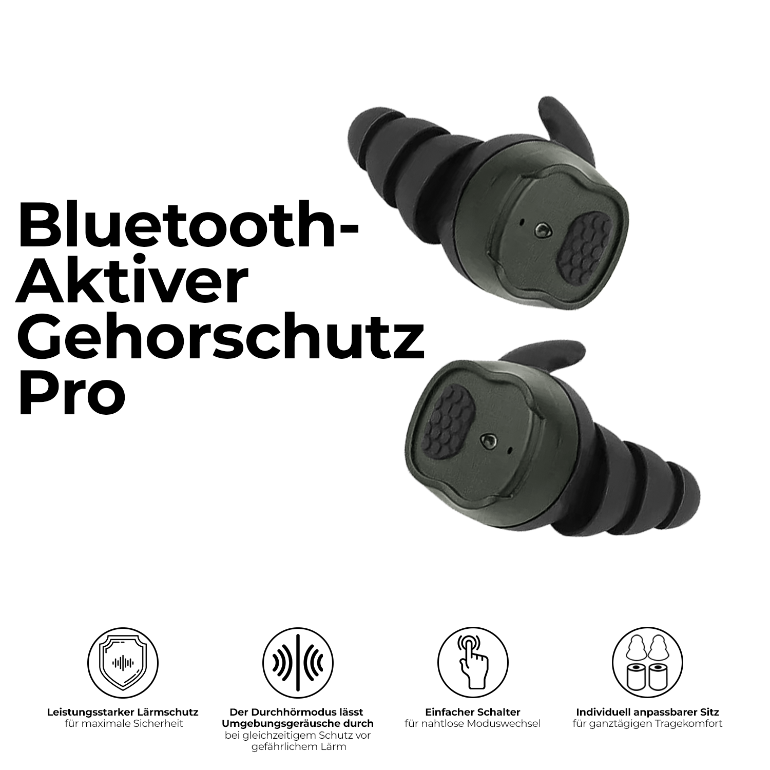 Bluetooth Aktiver Gehoerschutz Pro in Oliv, zwei Im-Ohr-Kapseln mit Bedienknopf, Icons zu Laermschutz und Sitzkomfort