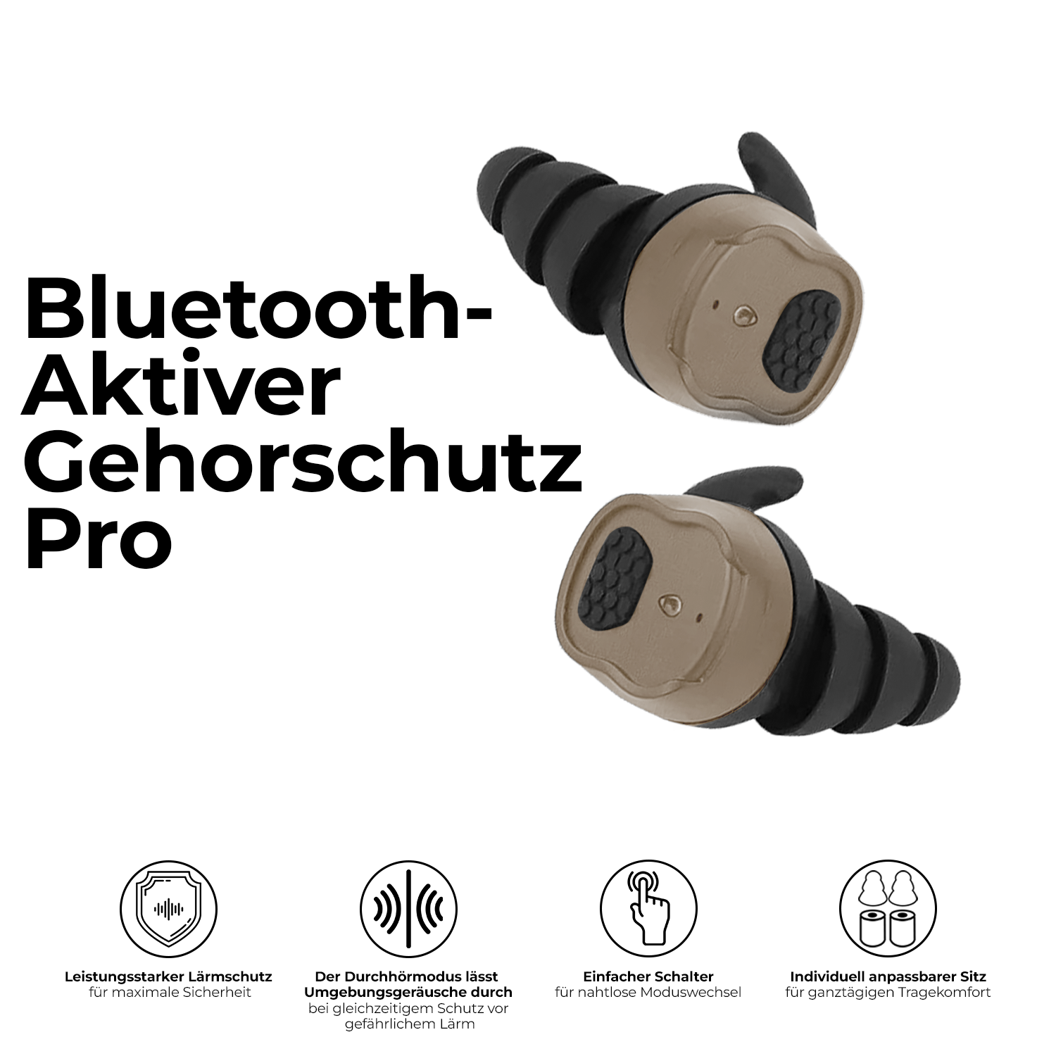 Bluetooth Aktiver Gehoerschutz Pro in Coyote-Braun, zwei Im-Ohr-Kapseln mit Bedienknopf und Feature-Icons