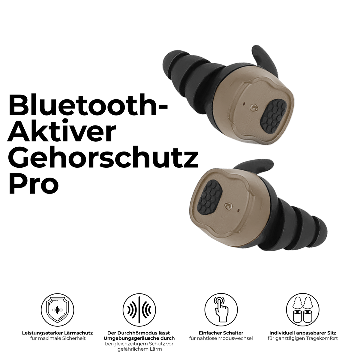 Bluetooth Aktiver Gehoerschutz Pro in Coyote-Braun, zwei Im-Ohr-Kapseln mit Bedienknopf und Feature-Icons
