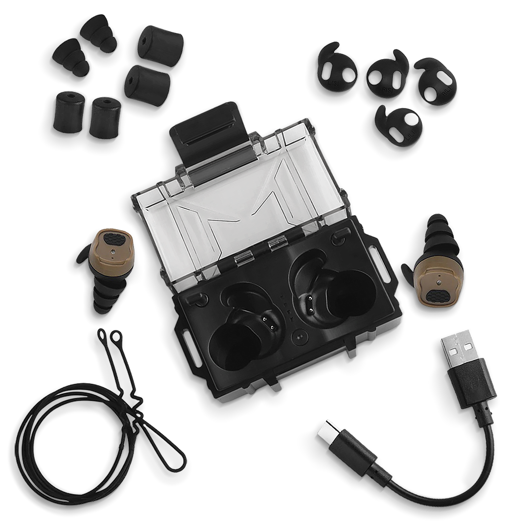 Bluetooth Aktiver Gehoerschutz Pro in Coyote-Braun, offene Aufbewahrungsbox mit Zubehoer, Trageband und USB-Kabel