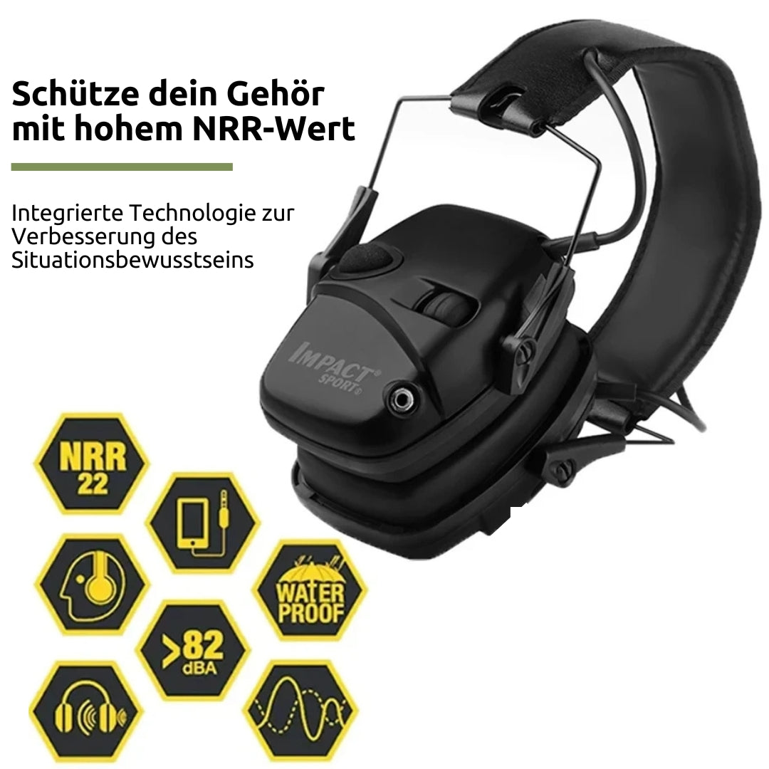 TaktikPro Gehörschutz, Infografik zu hohem NRR-Wert und Situationsbewusstsein, Icons NRR 22 und wasserdicht