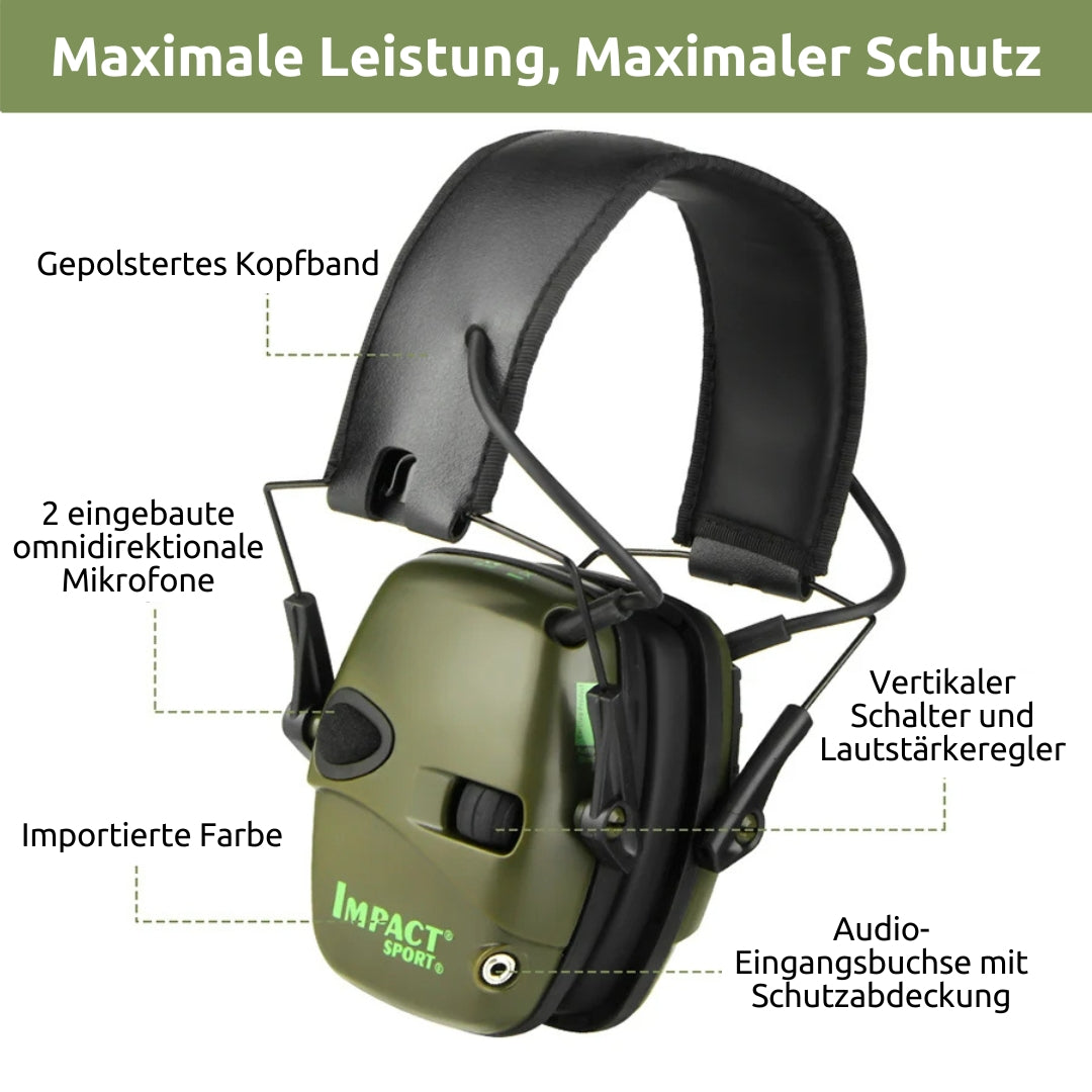TaktikPro Gehörschutz in Oliv, Grafik mit Bauteilen Kopfband, zwei Mikrofone, Lautstärkeregler, Audiobuchse