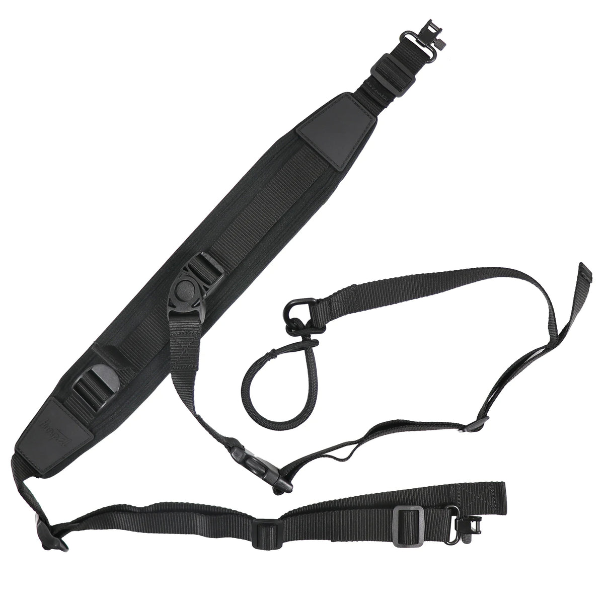 SicherTrag Gewehrriemen in Schwarz mit zusätzlicher Schlaufe und Karabiner, flach ausgelegt