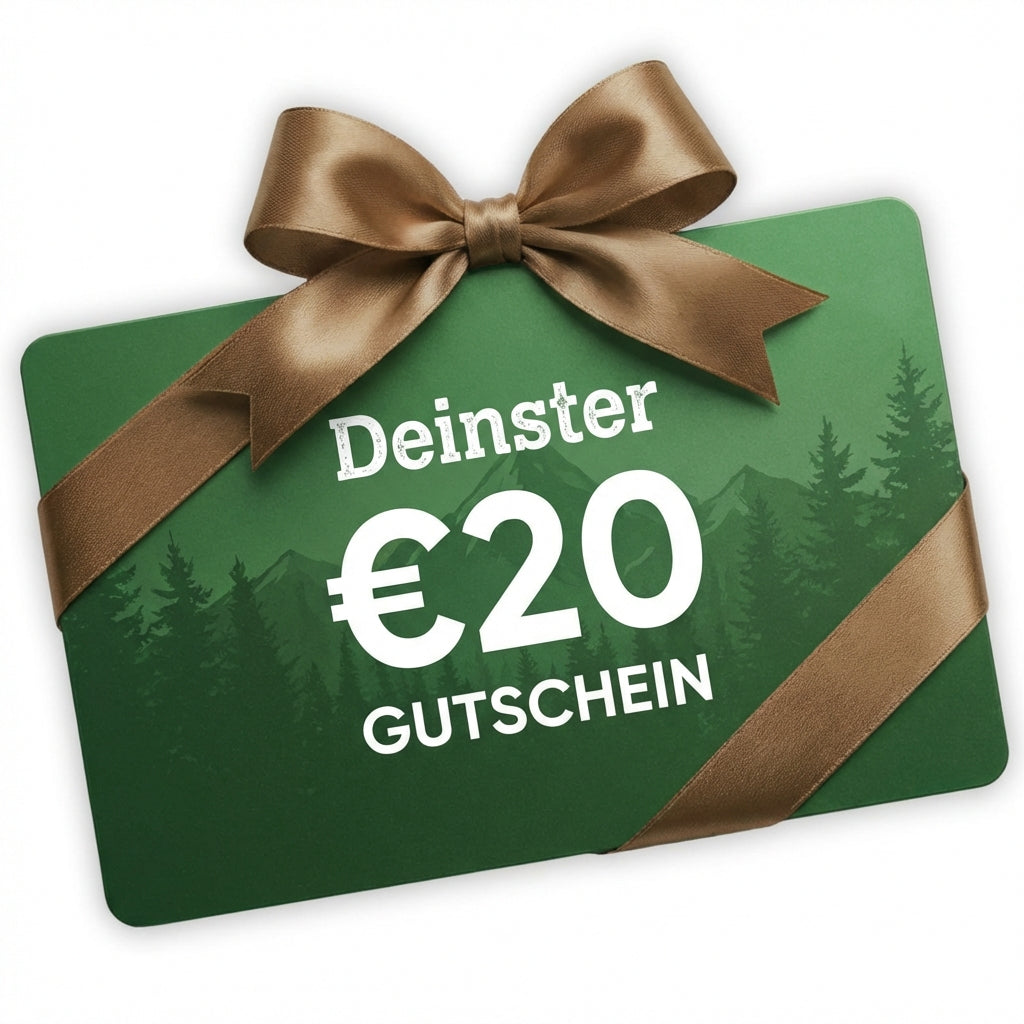 Deinster Gutscheinkarte über 20 Euro in Grün mit Bergmotiv, umwickelt mit brauner Satinschleife