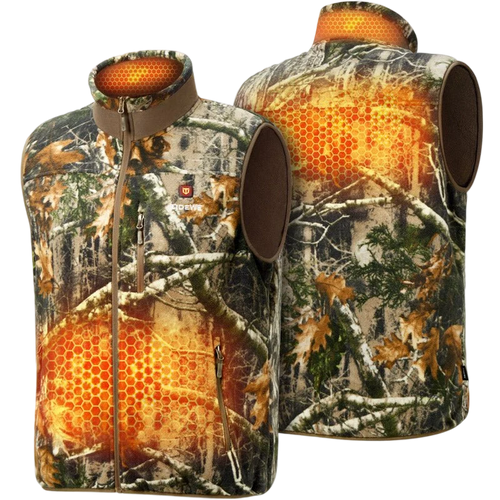 Frostguard Heizweste in Realtree-Tarnmuster, Vorder- und Rückansicht mit orangen Heizzonen an Kragen und Rücken