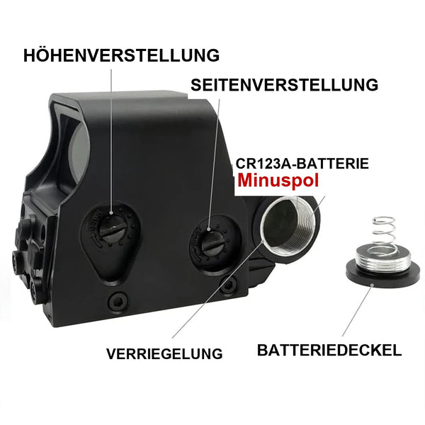 Holovisier mit Höhenverstellung, Seitenverstellung und CR123A-Batteriefach