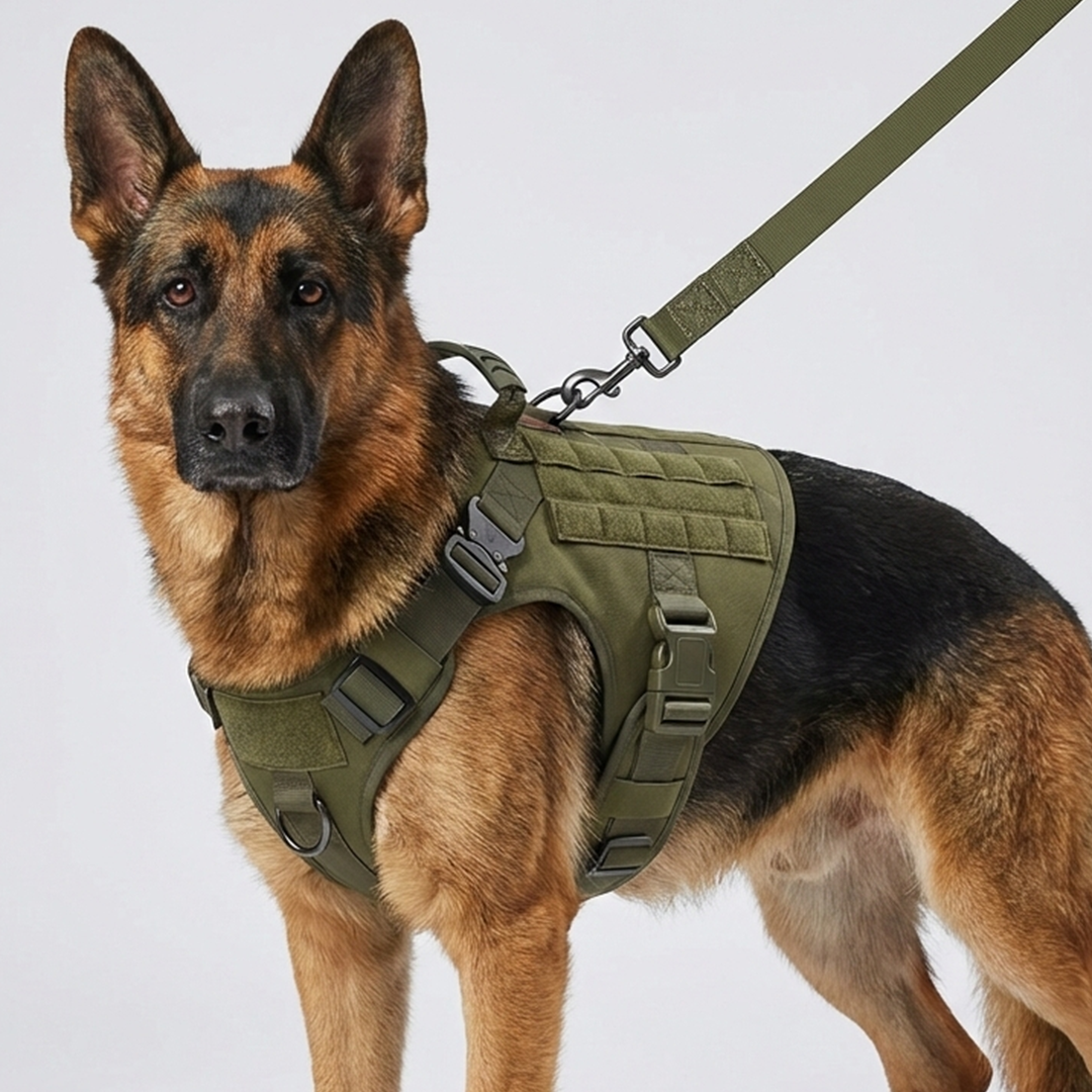 K9 Aegis Taktikgeschirr in Oliv, Schäferhund mit Leine, Kopf und Geschirr im Studio