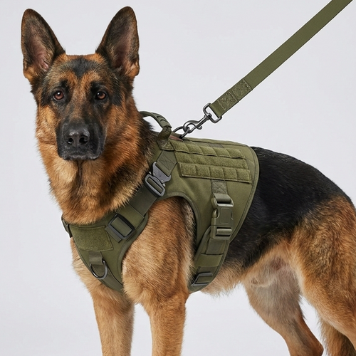 K9 Aegis Taktikgeschirr in Oliv, Schäferhund mit Leine, Kopf und Geschirr im Studio