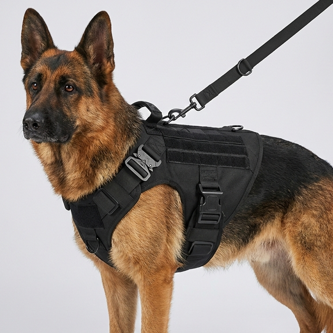 K9 Aegis Taktikgeschirr in Schwarz, Schäferhund mit dunkler Leine im Profil