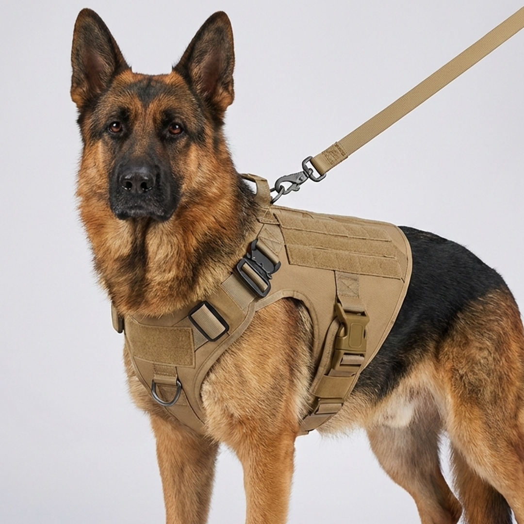 K9 Aegis Taktikgeschirr in Coyote-Braun, Schäferhund mit heller Leine vor weißem Hintergrund