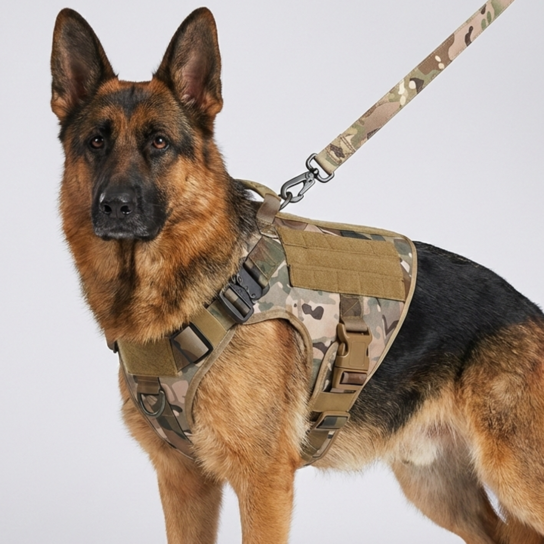K9 Aegis Taktikgeschirr in Multicam-Tarnmuster, Schäferhund mit getarnter Leine