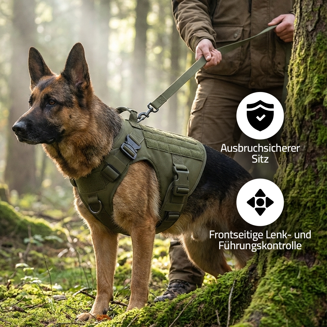 K9 Aegis Geschirr in Oliv im Wald, Jäger hält Leine, Hinweis auf ausbruchsicheren Sitz und Frontführung