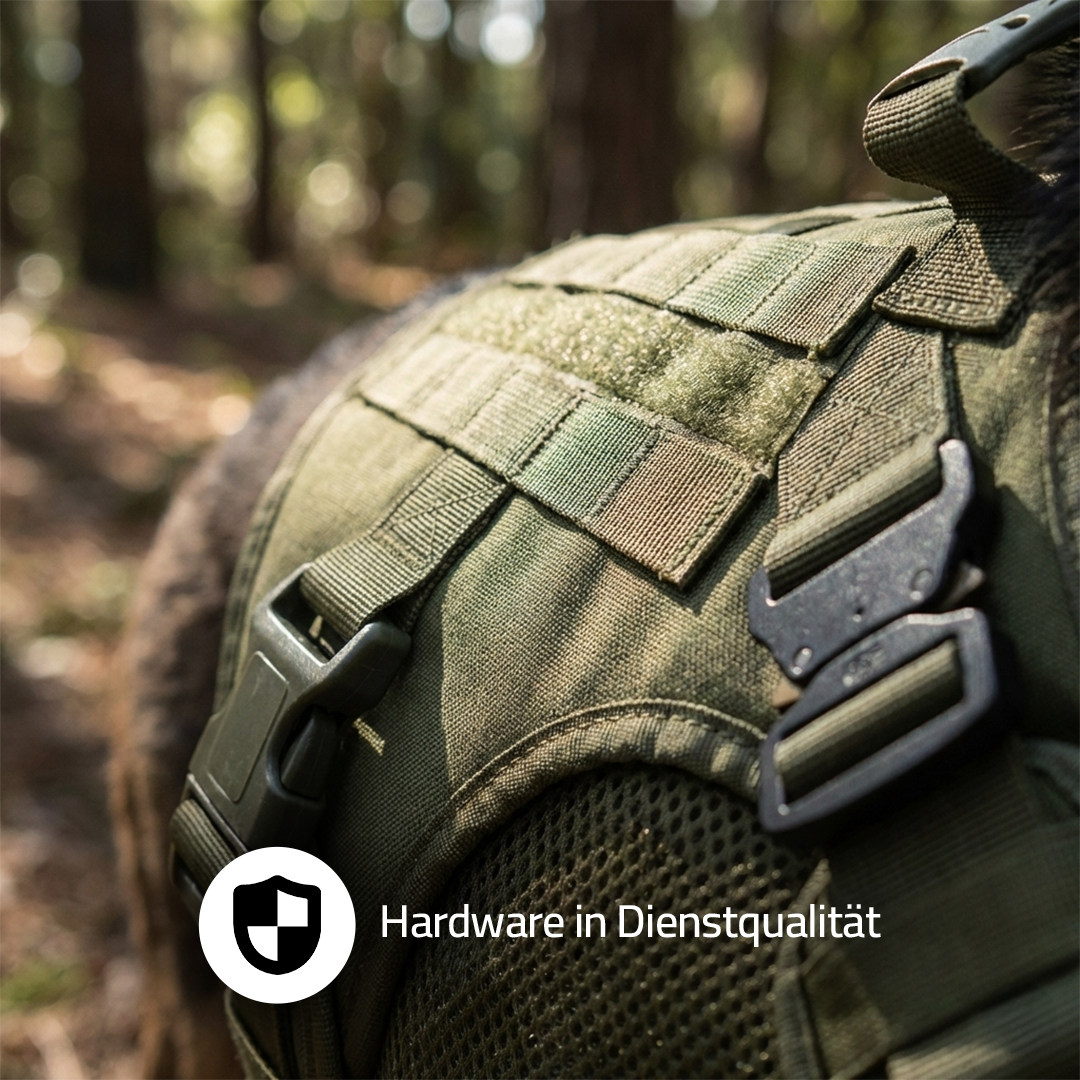 K9 Aegis Geschirr Detailansicht, olivfarbene Schnalle und Molle-Steg, Hinweis Hardware in Dienstqualität