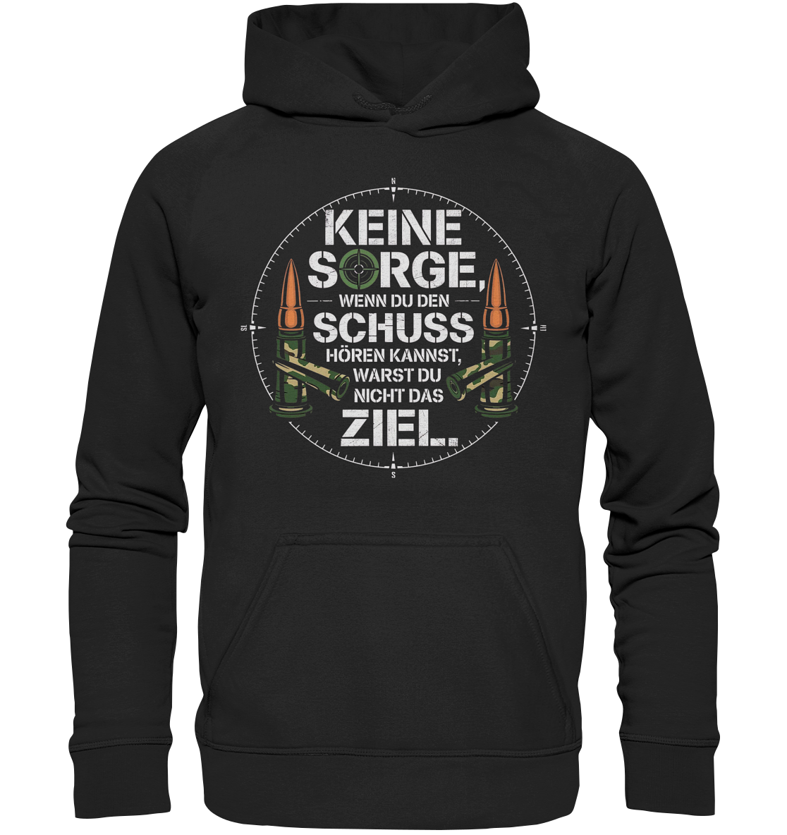 Keine Sorge Hoodie in Schwarz, Rueckenansicht mit Kapuze und Zielkreis-Motiv aus Patronen