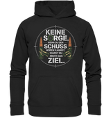 Keine Sorge Hoodie in Schwarz, Rueckenansicht mit Kapuze und Zielkreis-Motiv aus Patronen
