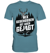 NIX GESCHOSSEN IST AUCH GEJAGT Shirt in Rauchblau, Vorderansicht mit Hirsch- und Jagdmotiv