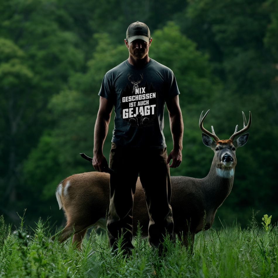 NIX GESCHOSSEN IST AUCH GEJAGT Shirt in Dunkelgrau, Jaeger im Gras zwischen zwei Hirschen am Waldrand