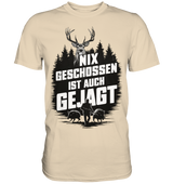 NIX GESCHOSSEN IST AUCH GEJAGT Shirt in Sandbeige, Vorderansicht mit Hirsch- und Wildschweinmotiv
