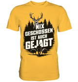 NIX GESCHOSSEN IST AUCH GEJAGT Shirt in Gelb, Vorderansicht mit Hirsch- und Jagdmotiv im Aufdruck
