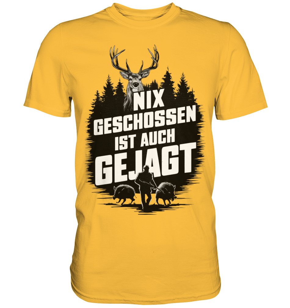 NIX GESCHOSSEN IST AUCH GEJAGT Shirt in Gelb, Vorderansicht mit Hirsch- und Jagdmotiv im Aufdruck