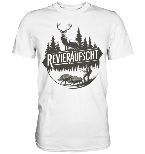 Revieraufsicht Shirt in Weiss, Rundprint mit Hirsch, Tannenwald, Jaeger und zwei Wildschweinen