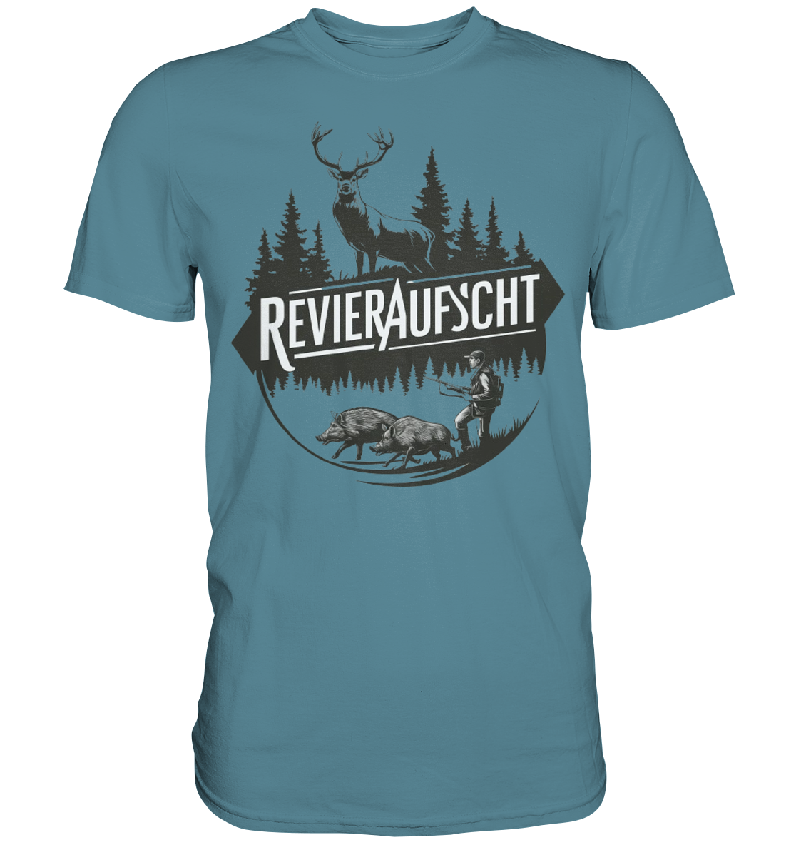 Revieraufsicht Shirt in Stahlblau, Frontansicht mit Hirsch, Waldsilhouette und Jaeger neben Wildschweinen