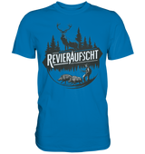 Revieraufsicht Shirt in Blau, Rundmotiv mit Hirsch, Tannenwald, Jaeger und zwei Wildschweinen