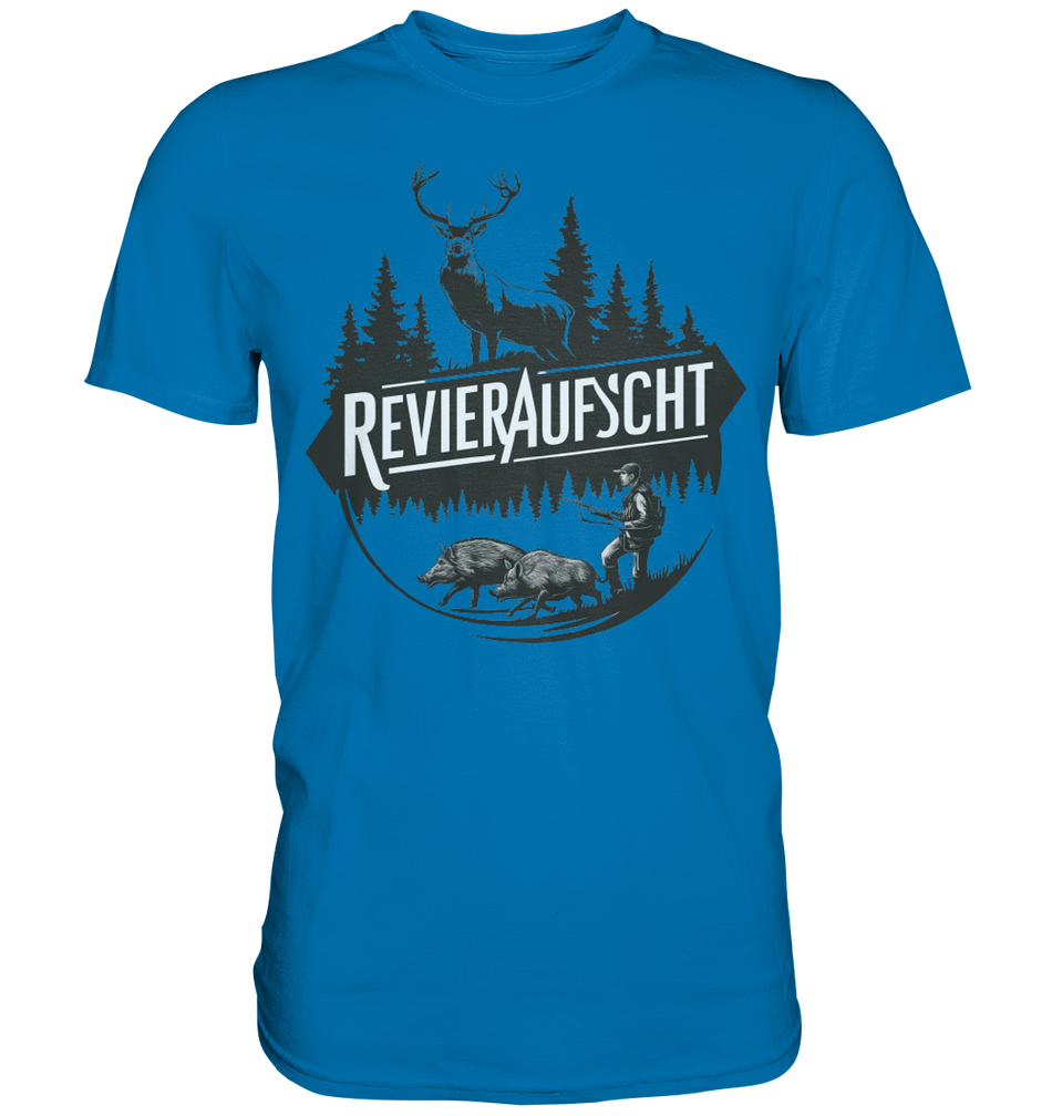Revieraufsicht Shirt in Blau, Rundmotiv mit Hirsch, Tannenwald, Jaeger und zwei Wildschweinen