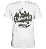Revieraufsicht Shirt in Weiss, Rundprint mit Hirsch, Tannenwald, Jaeger und zwei Wildschweinen