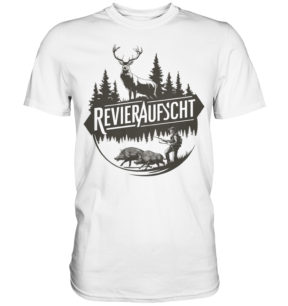 Revieraufsicht Shirt in Weiss, Rundprint mit Hirsch, Tannenwald, Jaeger und zwei Wildschweinen