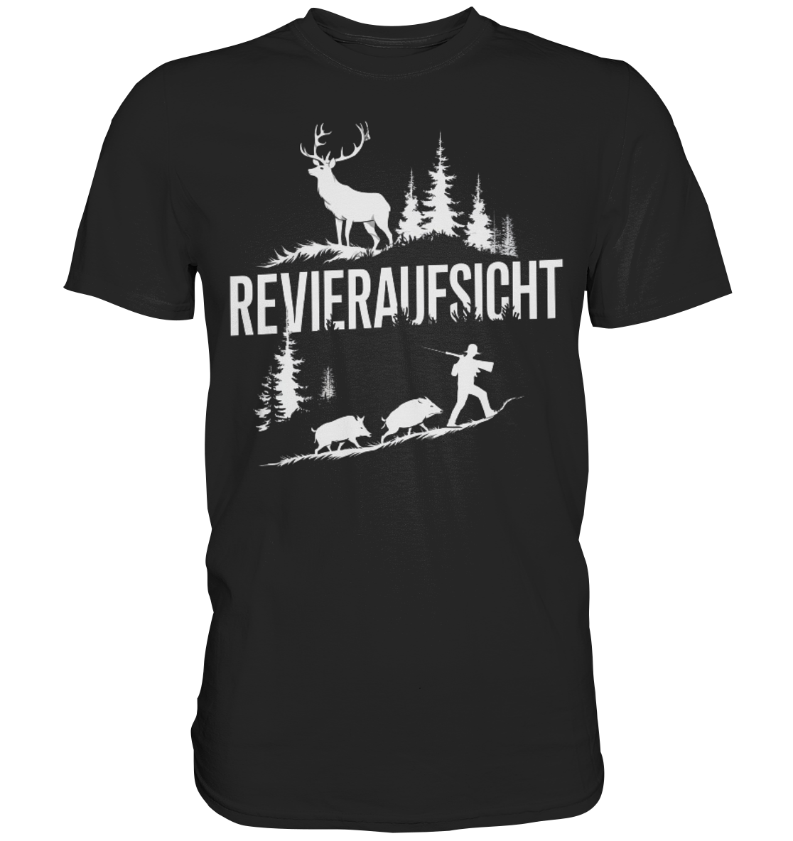 Revieraufsicht Premium Shirt in Schwarz mit weissem Hirsch- und Jagdmotiv, Frontansicht