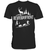 Revieraufsicht Premium Shirt in Schwarz mit weissem Hirsch- und Jagdmotiv, Frontansicht