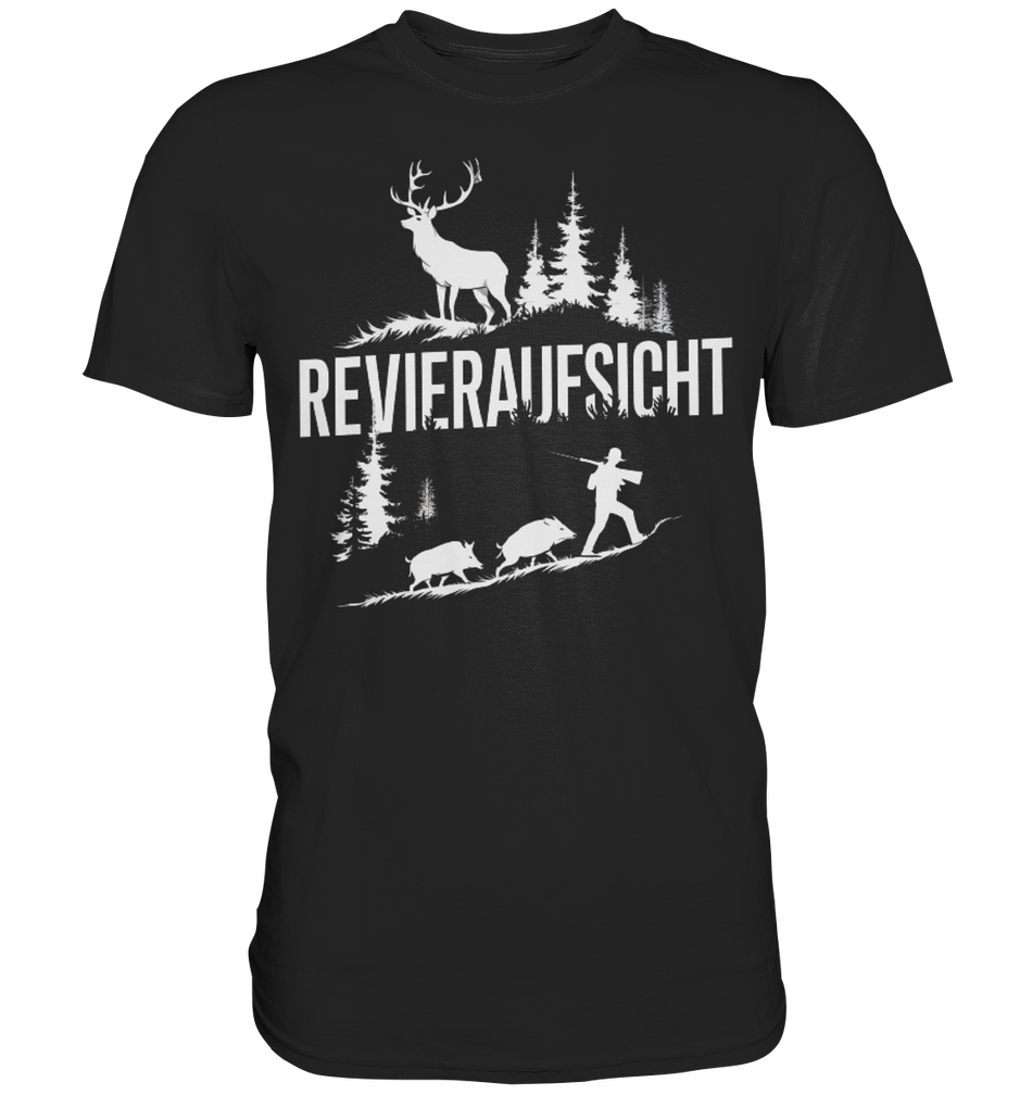 Revieraufsicht Premium Shirt in Schwarz mit weissem Hirsch- und Jagdmotiv, Frontansicht