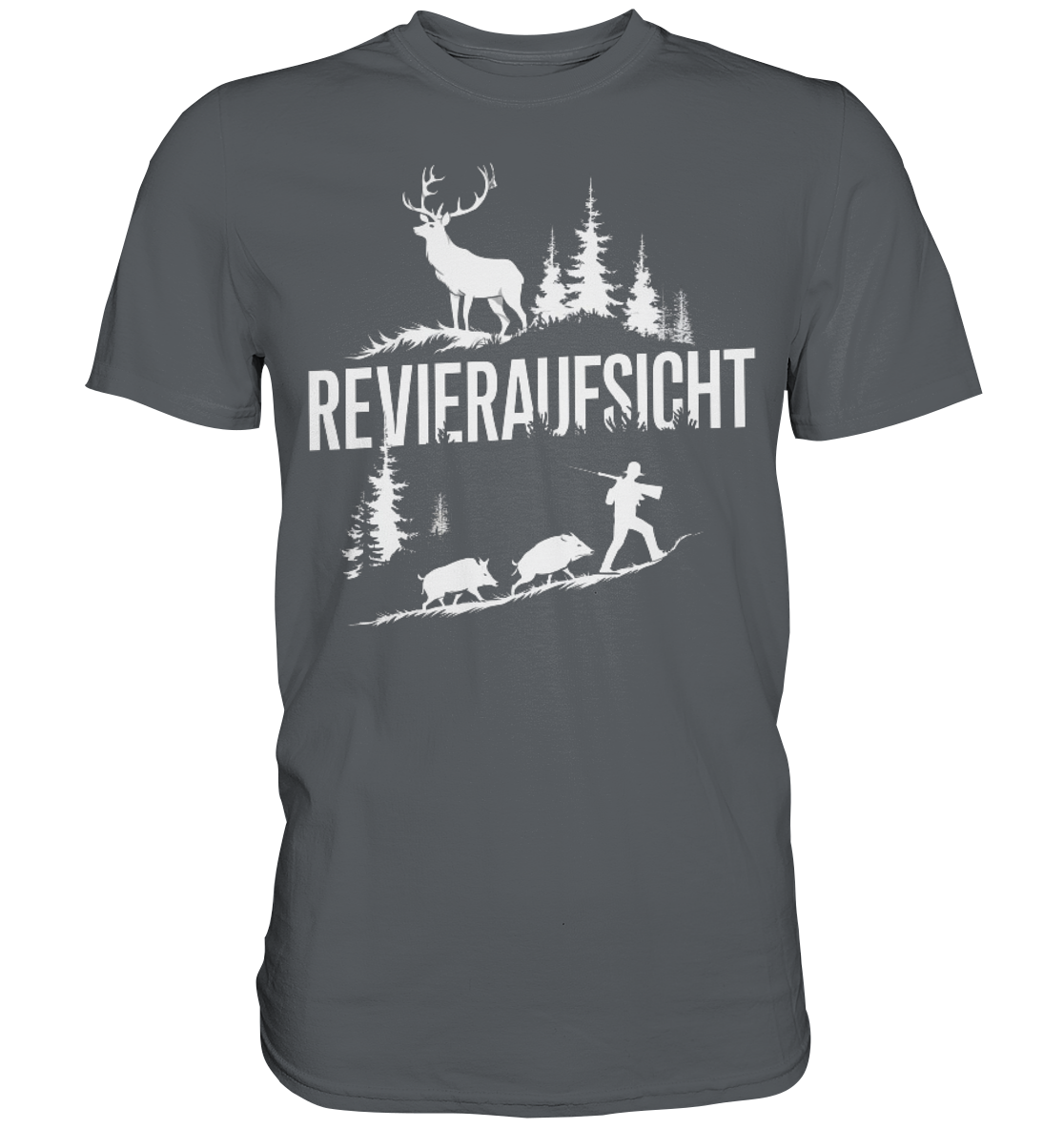 Revieraufsicht Premium Shirt in Anthrazit mit Hirsch, Waldsilhouette und Jaeger im Print, Frontansicht des T-Shirts