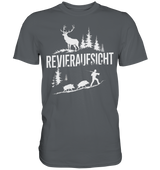 Revieraufsicht Premium Shirt in Anthrazit mit Hirsch, Waldsilhouette und Jaeger im Print, Frontansicht des T-Shirts