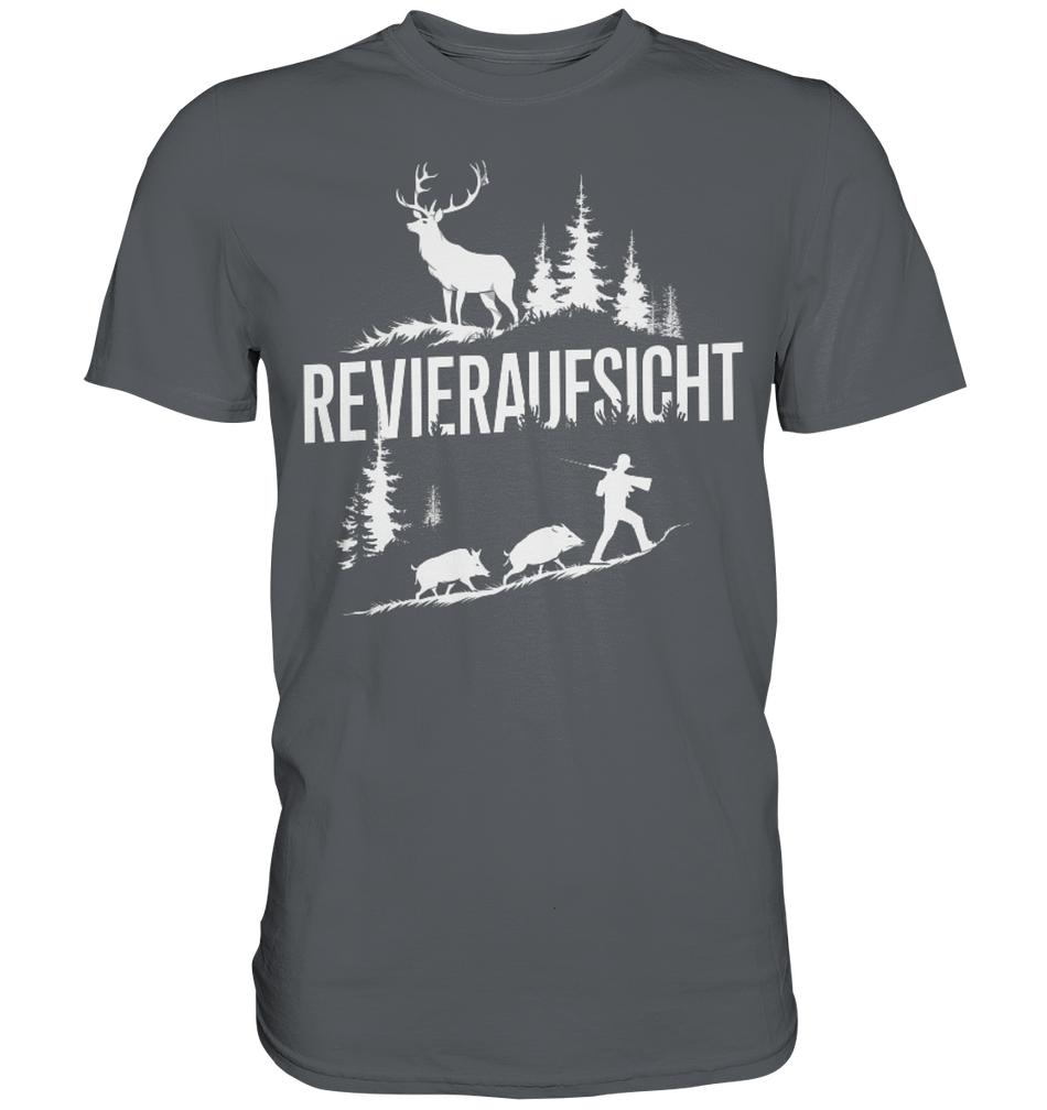 Revieraufsicht Premium Shirt in Anthrazit mit Hirsch, Waldsilhouette und Jaeger im Print, Frontansicht des T-Shirts